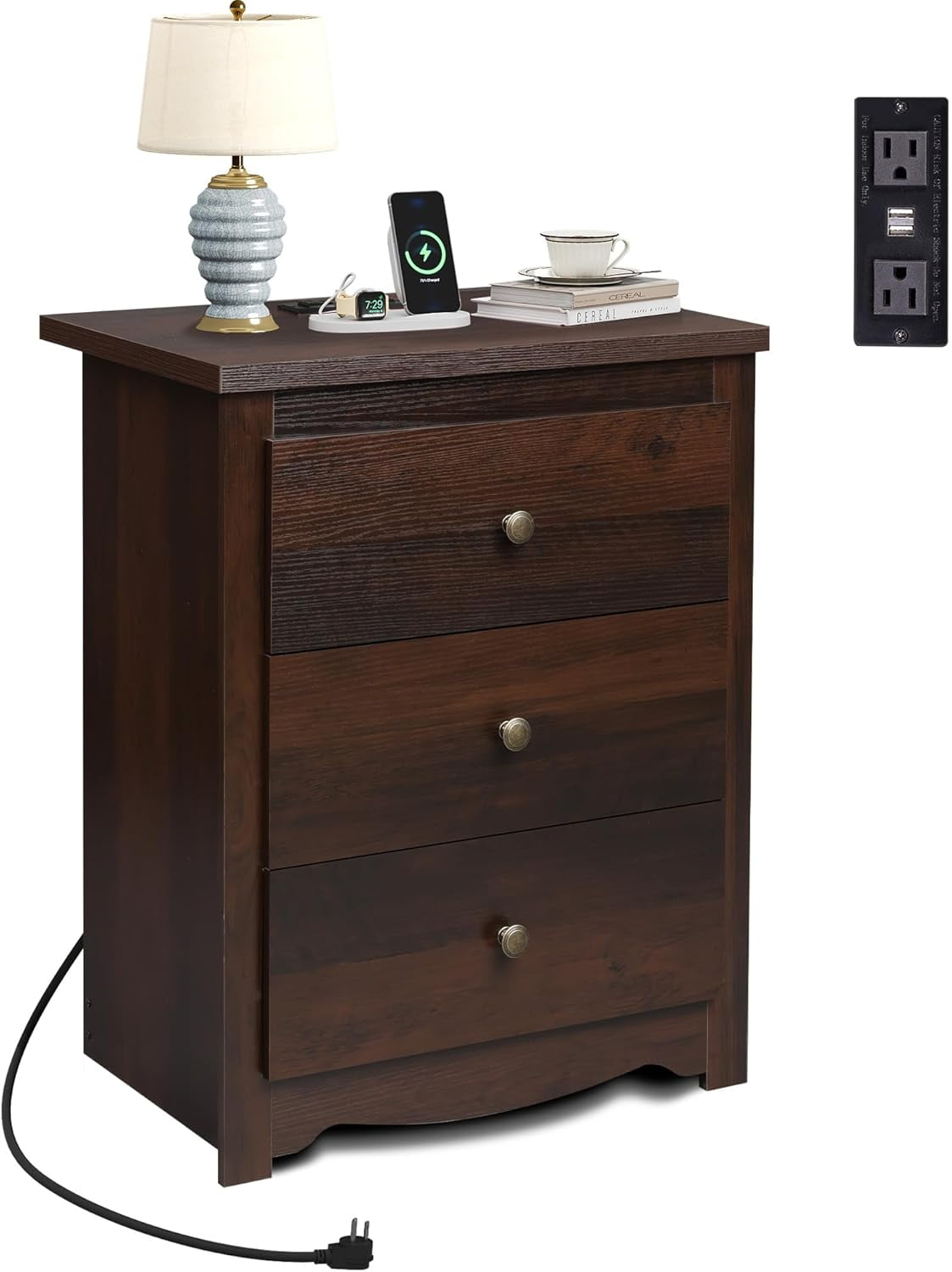 Tall Nightstand with Charging Station Wood Nightstand with 3 Drawers ...