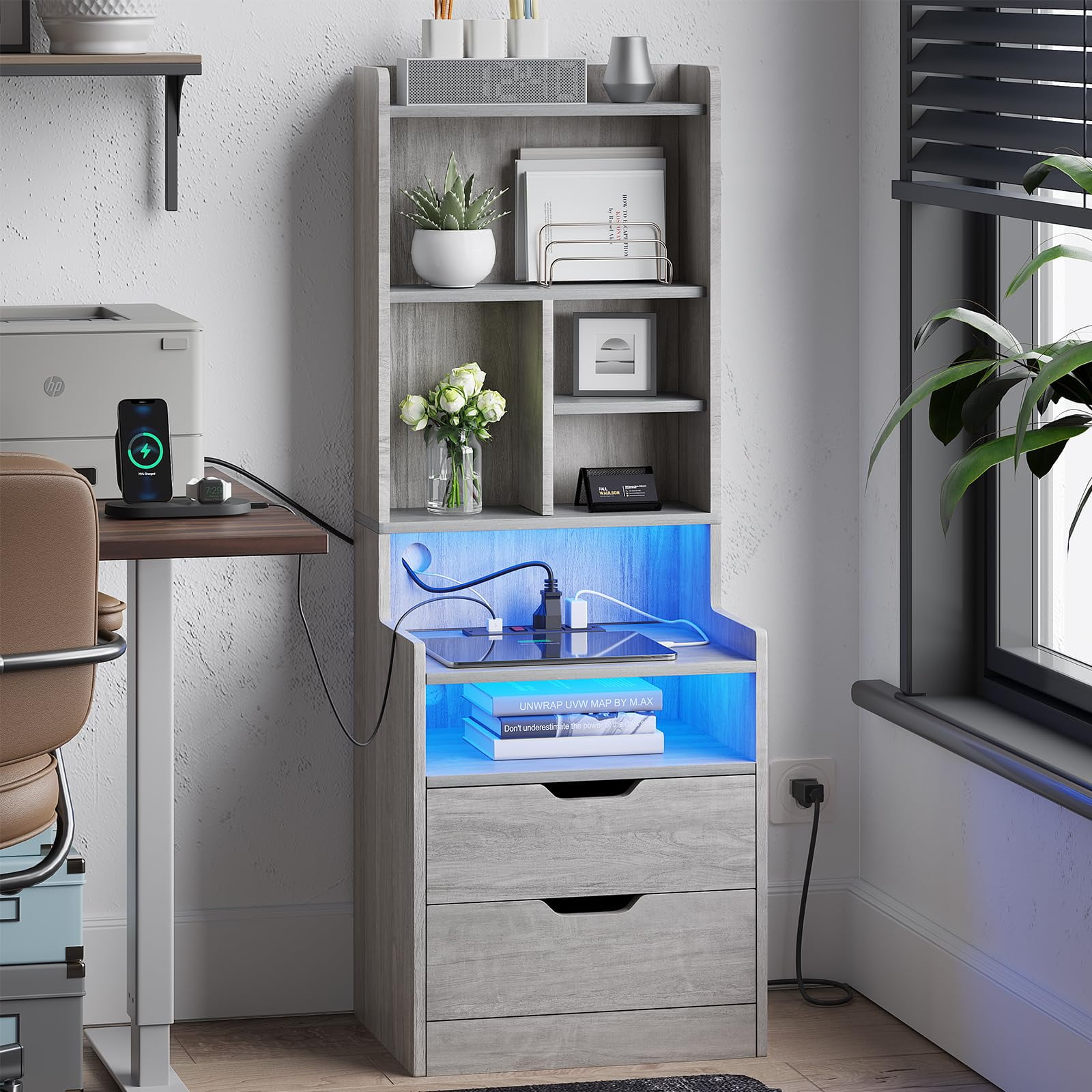 Tall Nightstand with Charging Station and LED Lights, Bedside Table