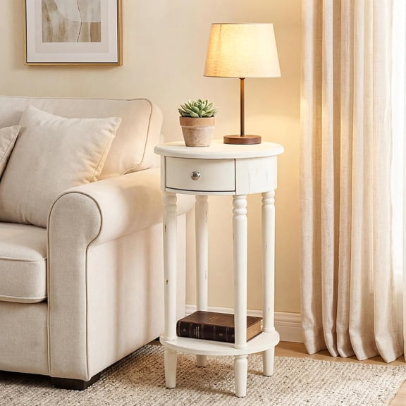 Tall Nightstand with Drawer, Tall Side Table, 2 Tier Round End Table for Living Room, 28'' Accent Table for Corners, Beige