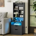 Black LEDLighted Nightstand with Drawers, Power Outlets & Charging