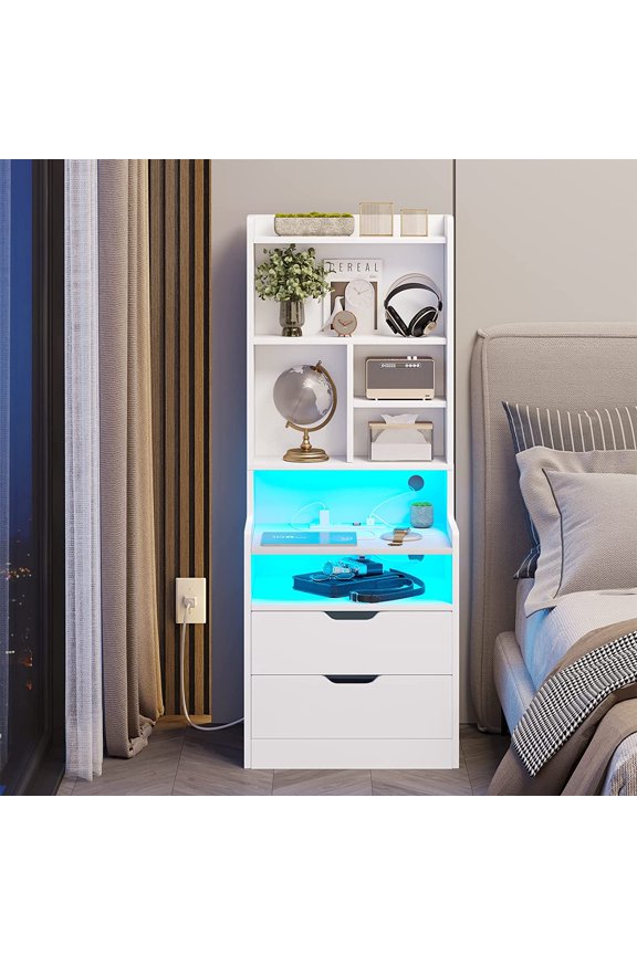 Tall Nightstand with Drawers and Storage Shelf,Night Stand with LED Lights and Charging Station,Bedside Table End Side Table for Bedrooms,White