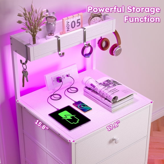 Tall Nightstand with LED Lights and Charging Station, 3 Drawers and Shelves, Bedside Table with USB Ports and Outlets for Bedroom, 4 Hooks, White