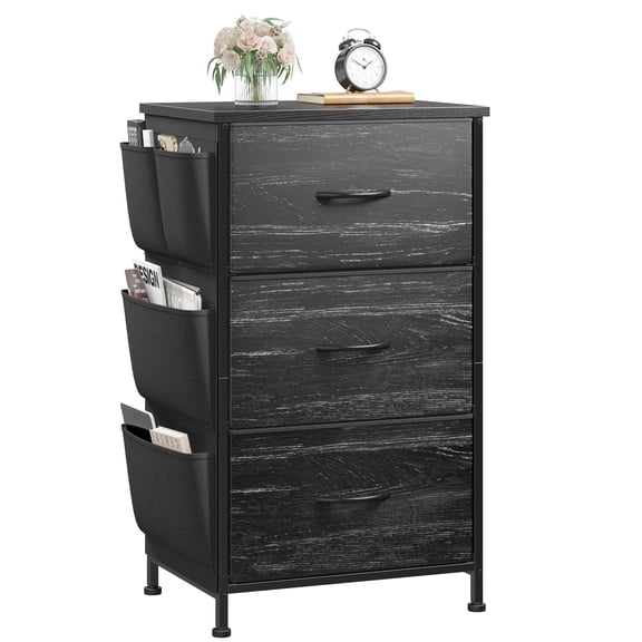 Tall Nightstands with Drawers,Bedside Table with Wooden Top & Sturdy Steel Frame,Storage End Table with 4 Cloth Bags for Bedroom, Dorm, Entryway,Black