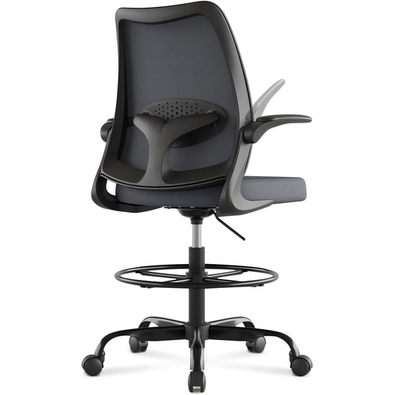 Tall Office Chair for Standing Desks,High Desk Drafting Chair with Adjustable Footrest Ring,Ergonomic Lumbar Support,Flip-Up Armrests for Home Office,Grey