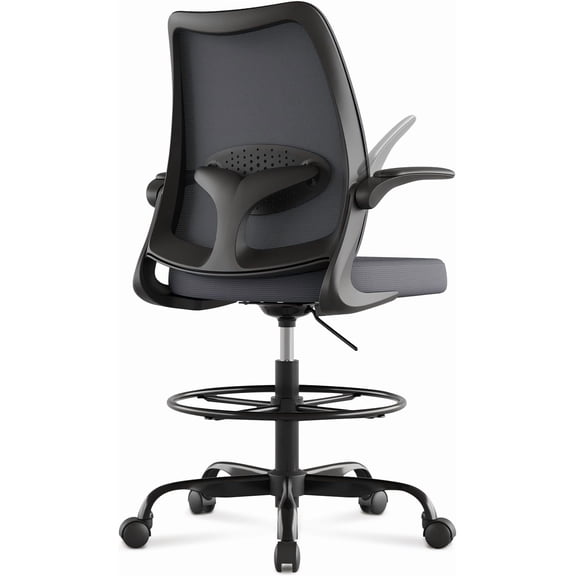 Tall Office Chair for Standing Desks,High Desk Drafting Chair with Adjustable Footrest Ring,Ergonomic Lumbar Support,Flip-Up Armrests for Home Office,Grey