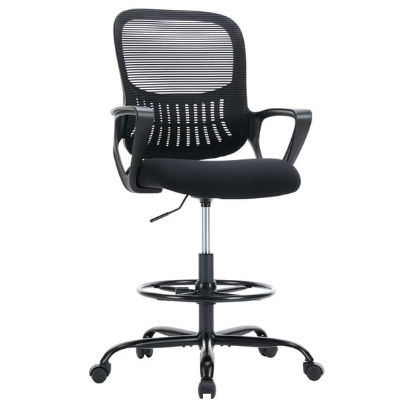 Tall Office Desk Chair, Ergonomic Mid-Back Mesh Chair with Adjustable Foot Ring, Wheels,Fixed Arms for Home Office, Gaming, Study, Black