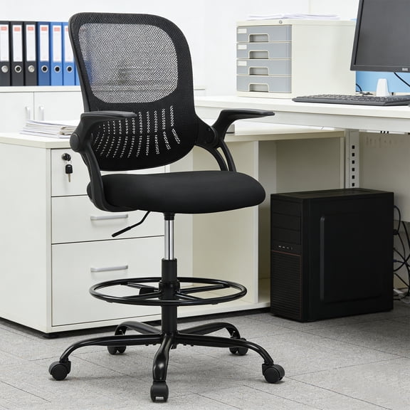 Tall Office Desk Chair, Ergonomic Mid-Back Mesh Chair with Adjustable Foot Ring, Wheels, Comfy Lumbar Support with Flip-up Arms for Home office, Gaming, Study, Black