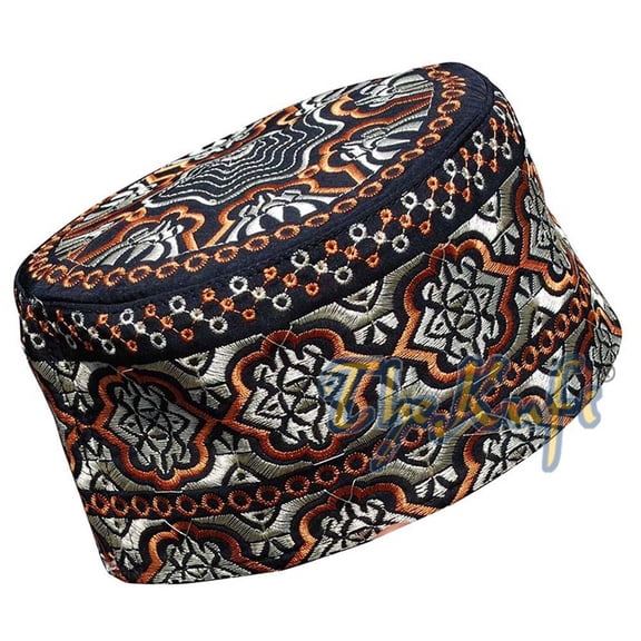 Tall Omani African Kufi Hat Black Orange  Gold Embroidery