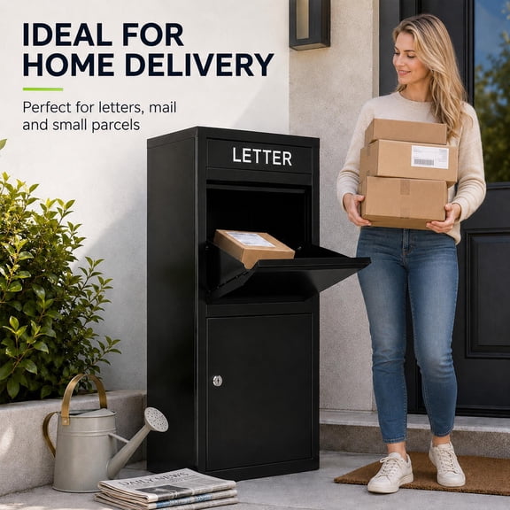 Tall Outdoor Package Delivery Box with Anti-Theft Design, Lockable Door, and Weatherproof Galvanized Steel for Home, Porch, Curbside, Black