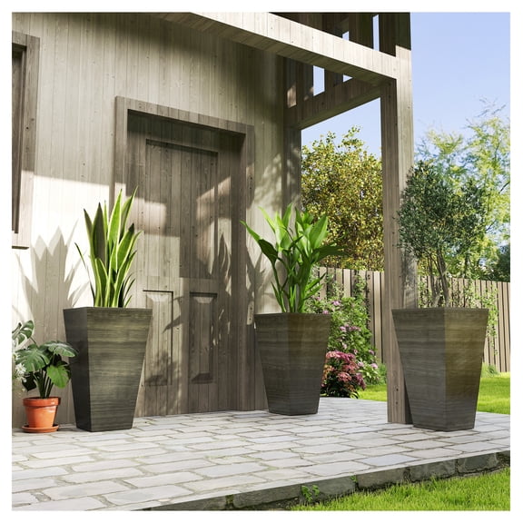 Tall Outdoor Planters 3-Pack, 28 Inch Flower Pots, Faux Wood Plastic Plant Pots with Drainage, Dark Brown, Patio Deck Garden