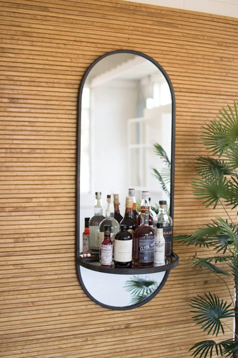 Tall Oval Black Leather Wall Mirror with Folding Metal Shelf