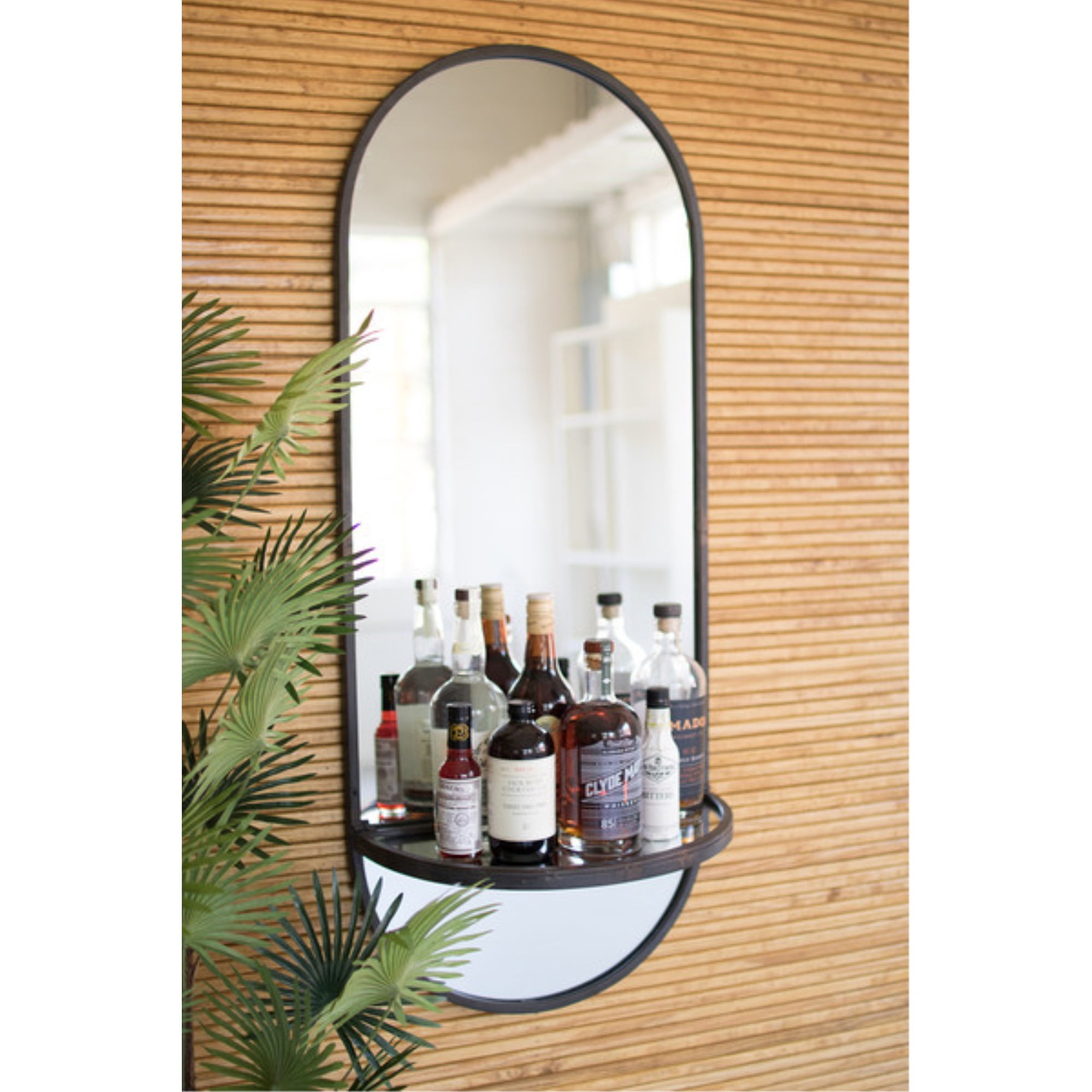 Tall Oval Black Leather Wall Mirror with Folding Metal Shelf