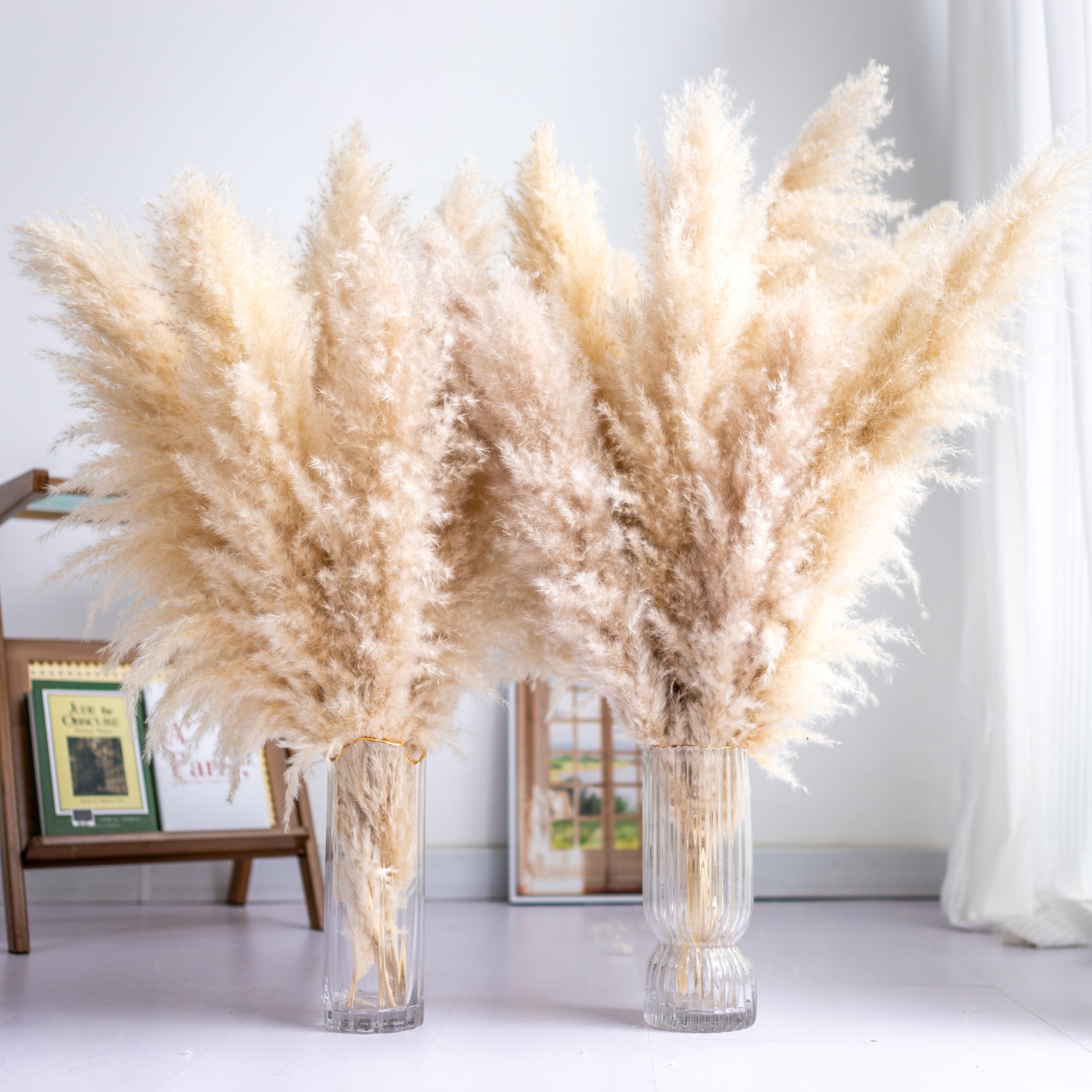 Natural Tall Pampas Grass Bouquet 10PCS, Boho Wedding Floral Decor, Dried Flowers for Home Office Farmhouse Arrangements, Beige