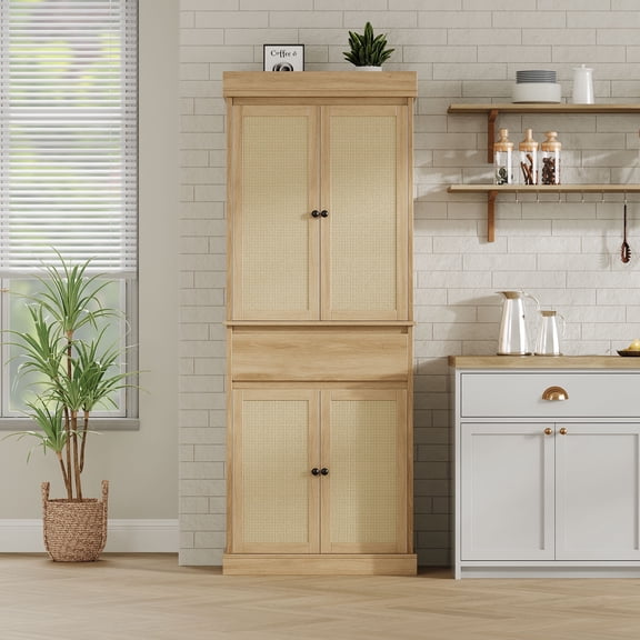 Tall Pantry Cabinet, Rattan Kitchen Pantry Storage Cabinet with Doors and Adjustable Shelves, Slim Kitchen Cabinet for Narrow Spaces for Bathroom, Dining Room, Living Room