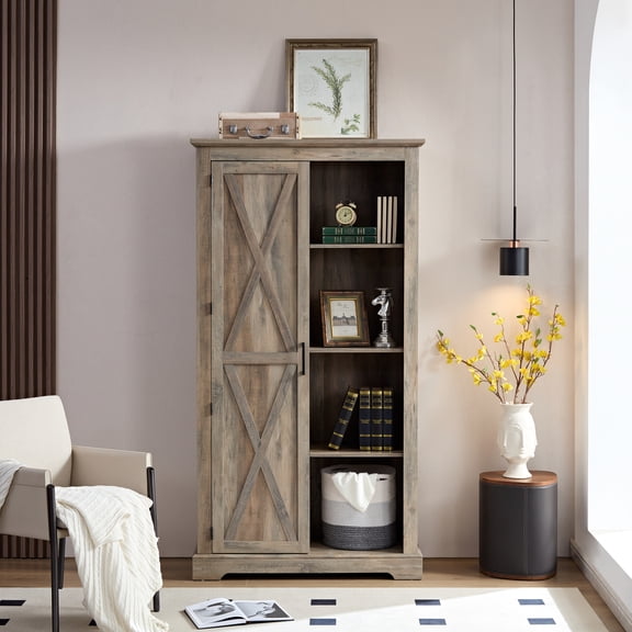 Tall Pantry Cabinet Storage - Gray Wash Rustic Barn Door 40.51*16.12*74.4, Spacious Interior With Adjustable Shelving Options