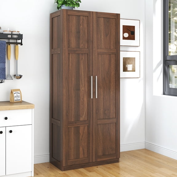 Tall Pantry Cabinet with 2 Doors and 3 Shelves, Adjustable Storage for Kitchen Dining Room, Walnut Finish 29.53x15.75x70.87 Inches