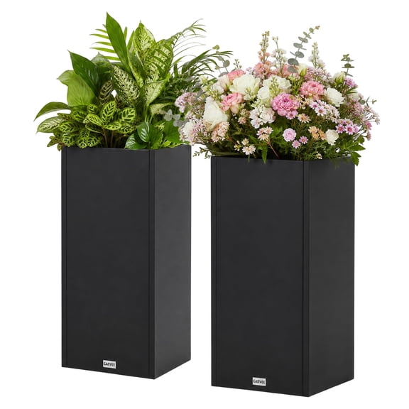 Tall Planter, 2-Pack 15-Inch Metal Floor Planters with Adjustable Divider, Double-Layer Interior and Drainage Holes, Heavy-Duty Black Iron Containers for Front Door, Patio, Porch and Courtyard