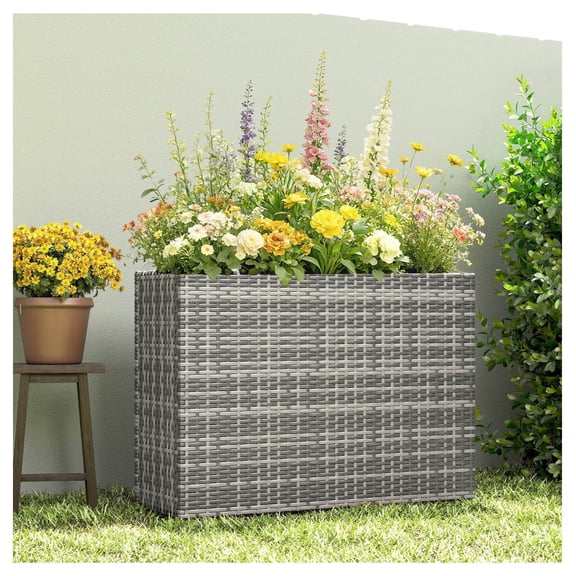 Tall Planter Box, Rectangular Outdoor Planter with Liner & Drainage, 22.8 Elevated Plant Pot, PE Wicker Garden Container for Patio, Deck, Gray