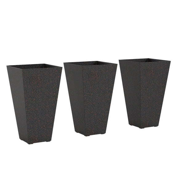 Tall Planters 28 Inch, Set of 3 Plastic Flower Pots, Marble Finish, Drainage, Stackable Tapered Pots for Outdoor Plants, Brown