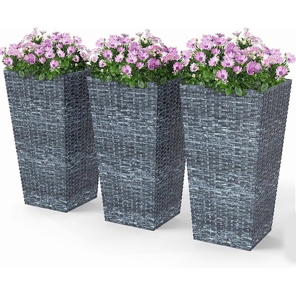 Tall Planters for Outdoor Plants Set of 3, 24 in Taper Planters with Drainage Holes, Rattan Decor Plant Pots for Indoor Outdoor Front Porch Patio Backyard, Gray