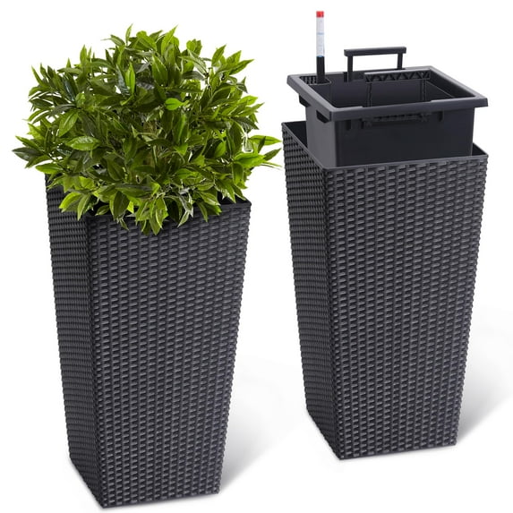 Tall Planters with Rattan Texture, Set of 2, Indoor/Outdoor Decorative Flower Pots with Water Level Monitor, Detachable Inner Pot & Drainage Holes for Large Plants, Trees, Patio, and Garden