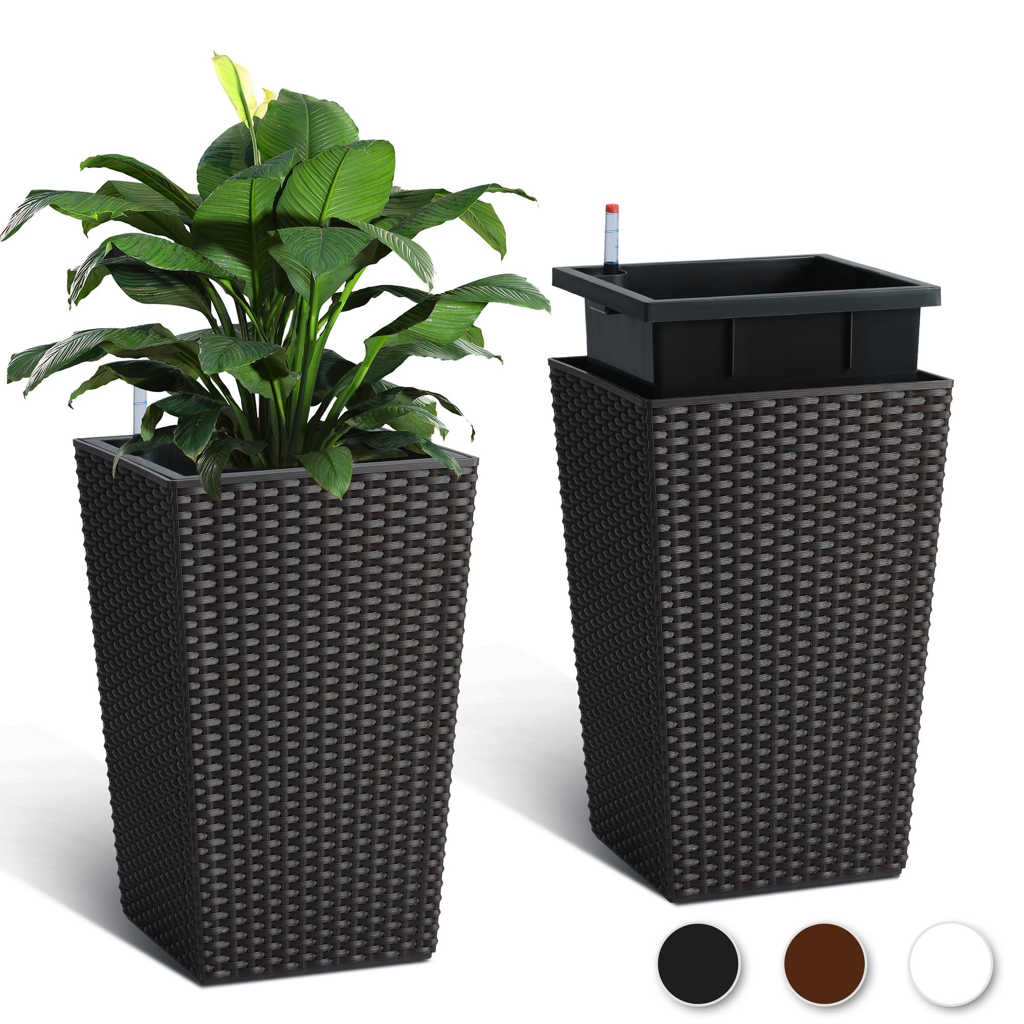 Tall Planters with Rattan Texture, Set of 2, Indoor/Outdoor Decorative Flower Pots with Water Level Monitor, Detachable Inner Pot & Drainage Holes for Large Plants, Trees, Patio, and Garden
