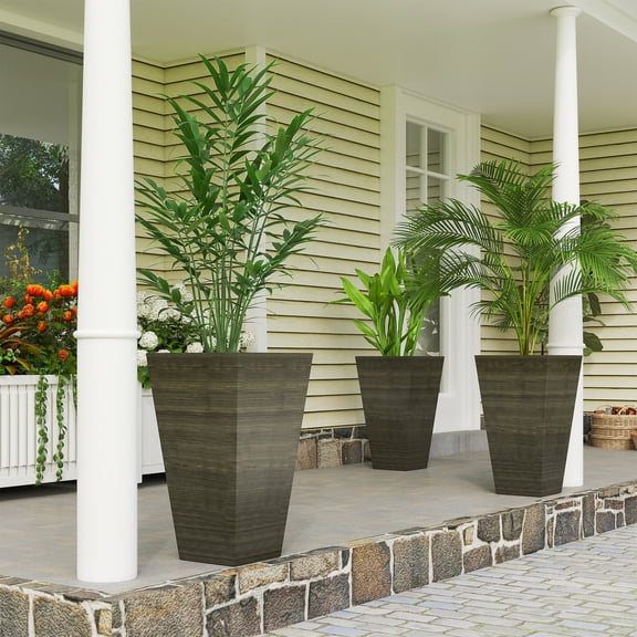 Tall Planters - Set of 3, 28" Outdoor Flower Pots, Self-Draining, Faux Wood Look, Weather Resistant PP Plastic - Dark Brown (13.25 Gallon)