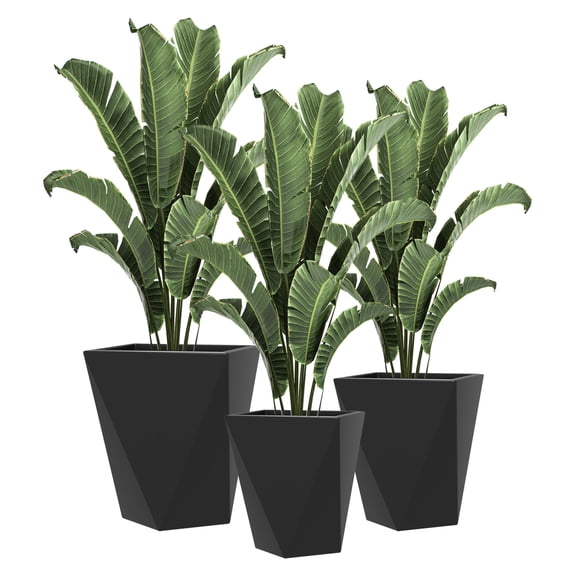 Tall Planters Set of 3, MgO Outdoor Flower Pots Stackable, Black Garden Pots with Drainage