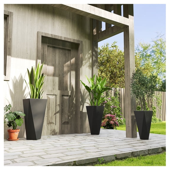 Tall Planters Set of 3, MgO Outdoor Indoor Flower Pots Stackable, Drainage Holes for Garden Patio Balcony, Black