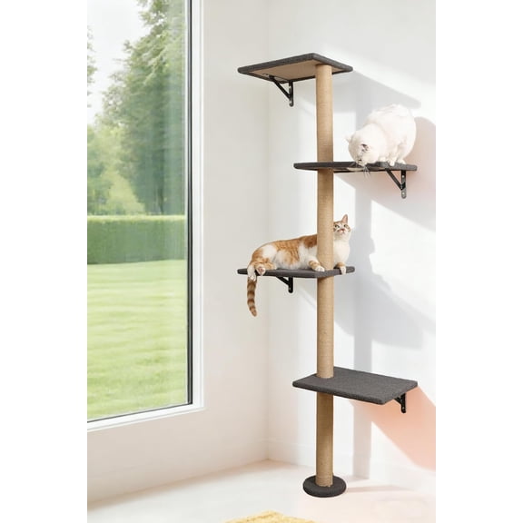 Tall Posts,4 Tier Corner Cats Tree, Wall Mounted Kitten Tower,Carpeted Climbing Wall for Indoor Kitty Perching,Playing and Lookout (Grey)