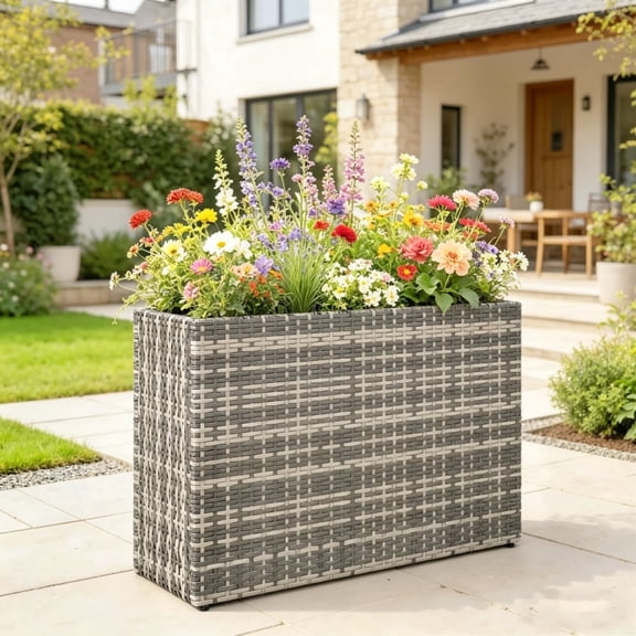 Tall Raised Planter Box 22.8" H PE Rattan Elevated Garden Planter with Steel Frame Adjustable Feet & Removable Drainage Liner 11.9 Gallon Capacity Supports 110 lbs Gray