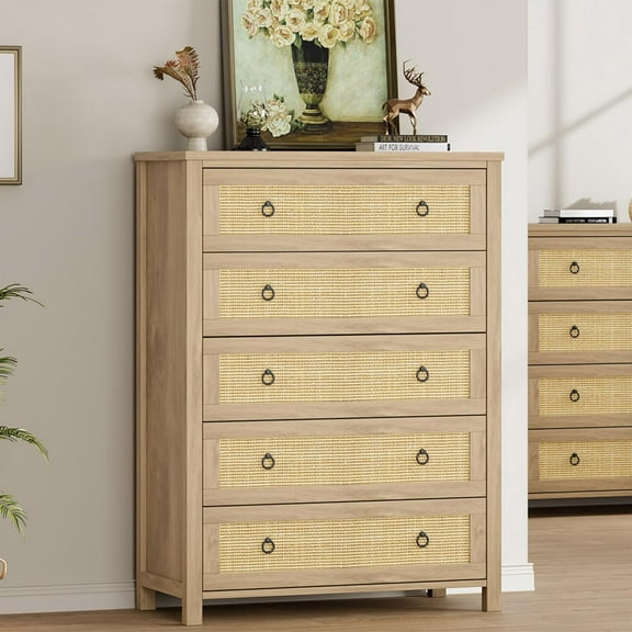 Tall Rattan Dresser with 5 Drawers, 45 Inch Oak Wood Storage Cabinet for Bedroom, Living Room & Entryway