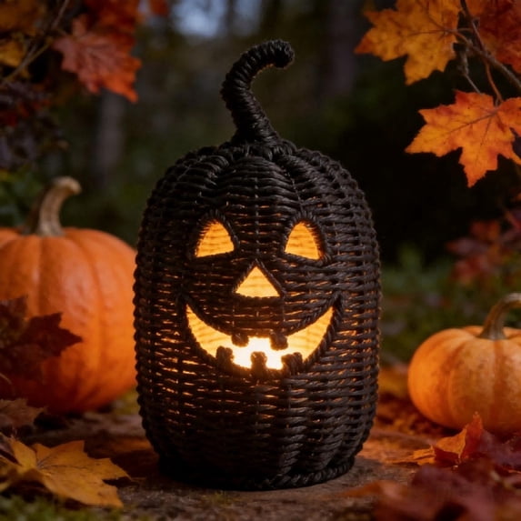 Tall Rattan Pumpkin Halloween Decor,Handwoven Wicker Jack-O-Lantern with Curved Stem for Tabletop(H)