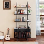 Tall Record Player Stand, Black Vinyl Storage Cabinet, 4 Tier Bookshelf with Sliding Doors, Fluted Media Shelf, Black-1