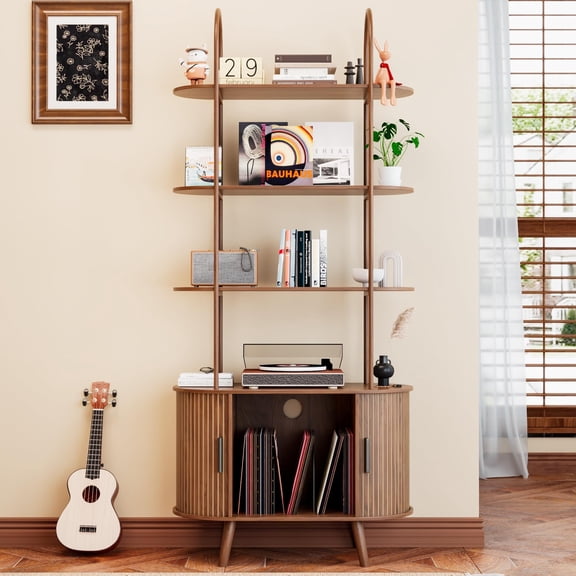 Tall Record Player Stand, Black Vinyl Storage Cabinet, 4 Tier Bookshelf with Sliding Doors, Fluted Media Shelf, Walnut-1