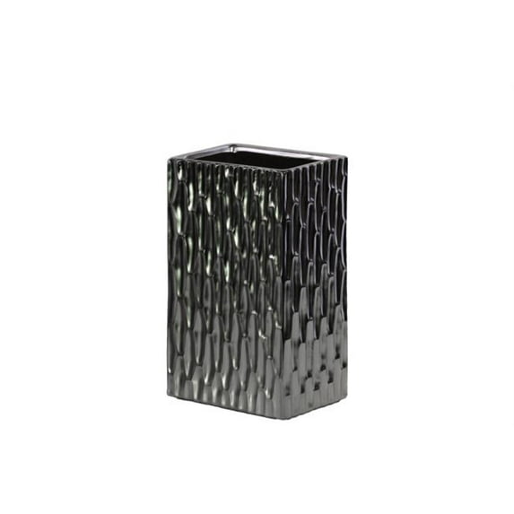Ceramic Tall Rectangular Vase with Embossed Hexagonal Design SM Matte Finish Black Chrome Silver