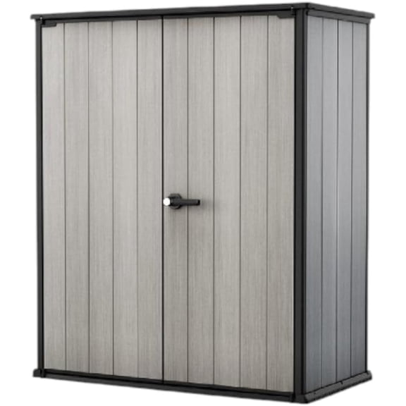 Tall Resin Outdoor Storage Shed Four By Three Feet Backyard Garden Shed With Shelving Brackets Tool Cabinet Lockable Utility Storage Box For Patio Pool Lawn Accessories, Grey And Black