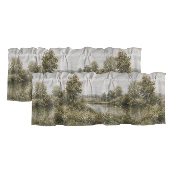 Tall Riverbank Trees 2 Panels Kitchen Valance, Rustic Country Green Meadow Grass Calm Lake Curtains Valances for Small Windows Rod Pocket Window Treatments for Living Room Bedroom 42" W x 12" L