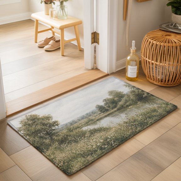 Tall Riverbank Trees 2'x3' Small Rugs for Entryway Front Door Kitchen Sink Area, Rustic Country Green Meadow Grass Calm Lake Soft Sturdy Mats Washable Non Slip Rectangle Area Rug