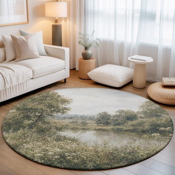 Tall Riverbank Trees 6' Round Rugs for Living Room Under Coffee Table, Rustic Country Green Meadow Grass Calm Lake Soft Sturdy Washable Non Slip Circle Kitchen Floor Area Rug