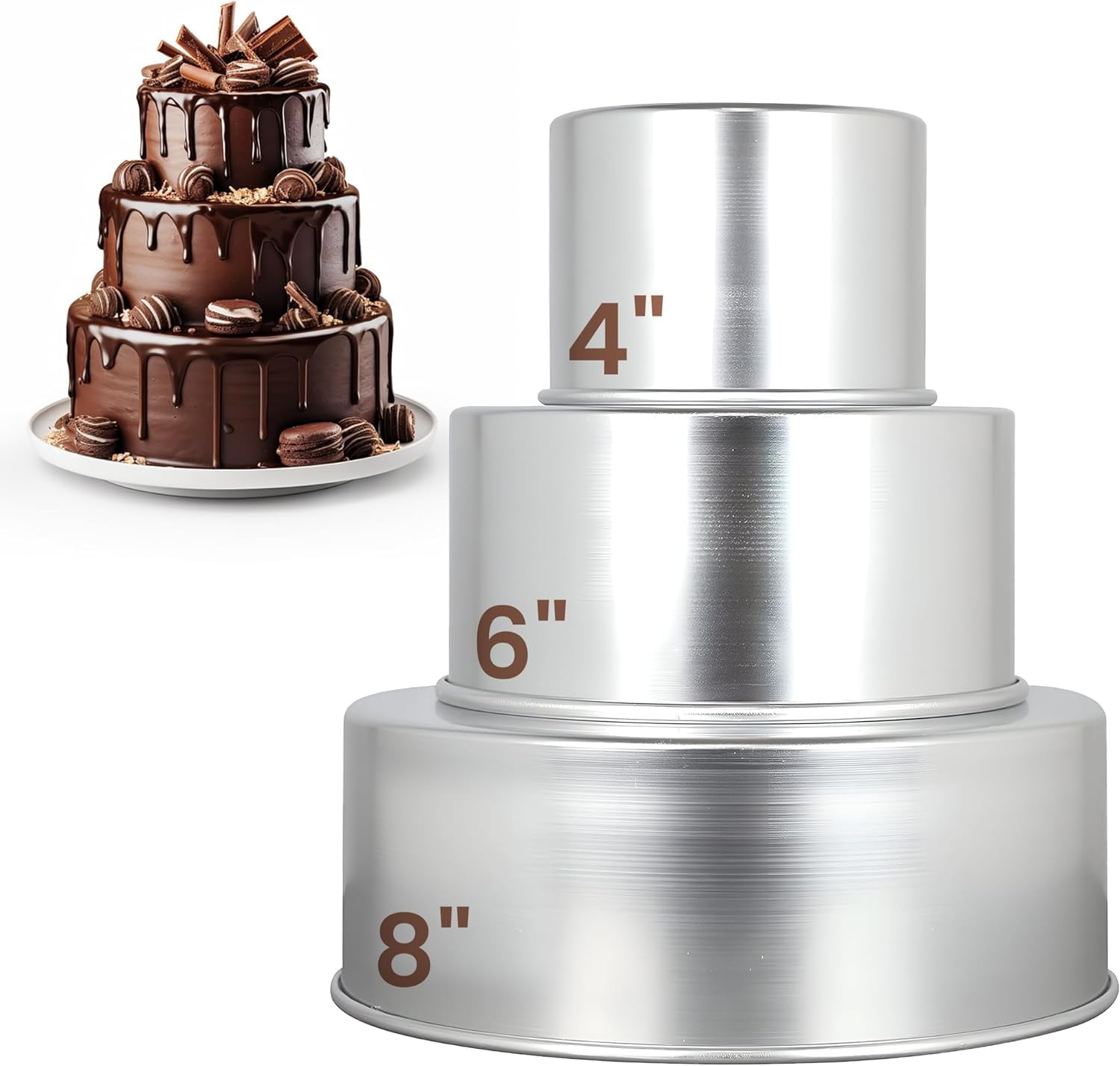 Tall Round Cake Pans - 4-inch, 6-inch, 8-inch Cake Pan Set for 3-Tiered ...