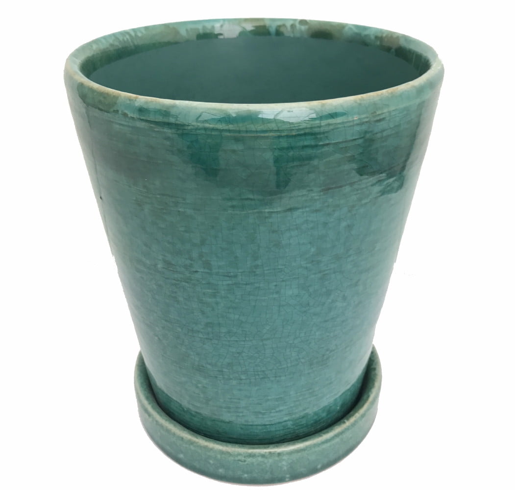 Tall Round Ceramic Planter and Saucer 6.5" x 5.25" Crackle Ocean