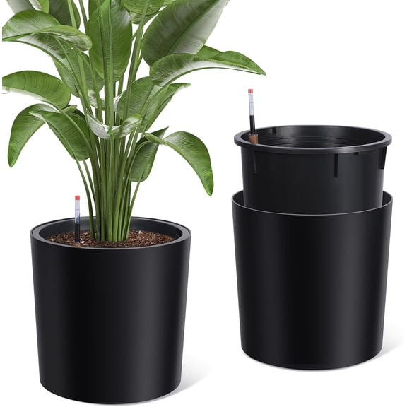 Tall Round Planter Set of 2, 20" Large Planter Pots with Built-in Drainage and a Water Level Monitor and Wheels for Patio, Porch, Living Room, or Home Office，Black