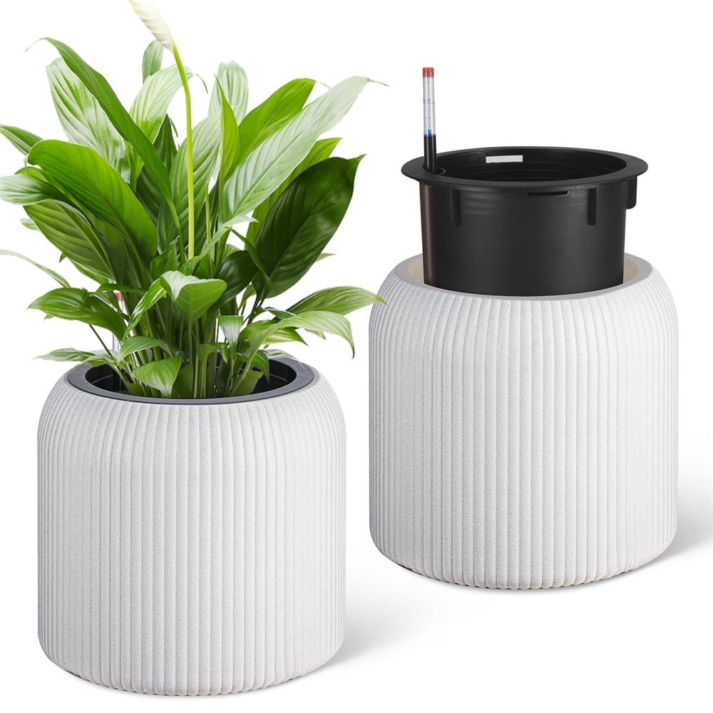 Tall Round Planters Set of 2 with a Water Level Monitor, Self Watering ...