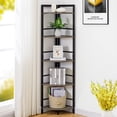 thumbnail image 1 of Tall Rustic Corner Shelf Stand, 5 Tier Wood and Metal Corner Bookshelf, Farmhouse Standing Corner Shelving Bookcase for Living Room, Kitchen, Small Space (Dark Grey Oak), 1 of 6