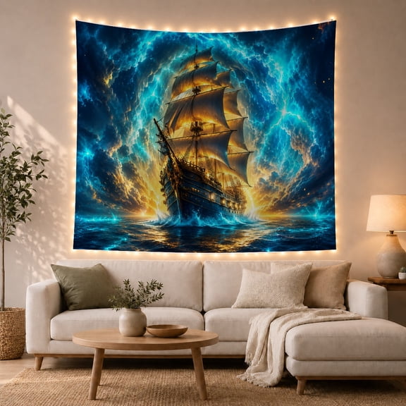 Tall Sailing Ship in a Glowing Storm Cloud Vortex, Dramatic Fantasy for Ocean Lovers, Nautical Wall Decor, Housewarming Gift, Tapestry Wall Hanging for Bedroom and Dorm