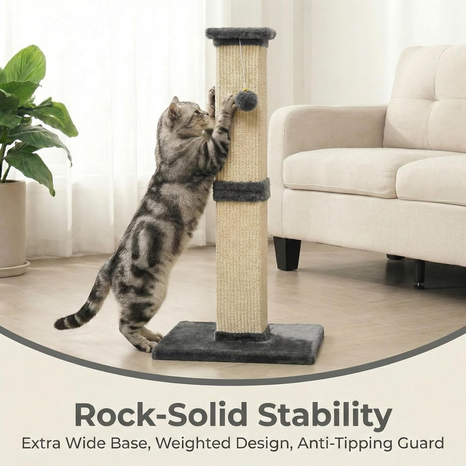 Tall  Scratching Post, 32'' Heavy Duty and Thick Sisal Rope with Hanging Ball for Adult Cats -