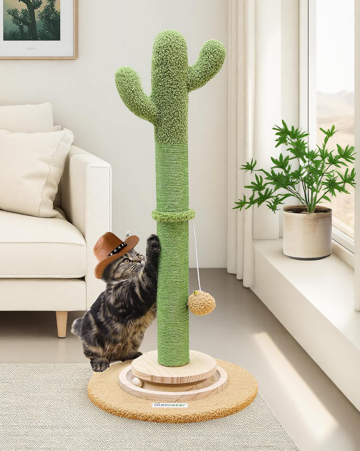 Tall Scratching Post for Cats, Cactus Cat Scratching Post Cat Scratcher Cute Sisal Large Cat Scratching Post with Modern Wooden Ball Tracking Interactive Toys, SC30