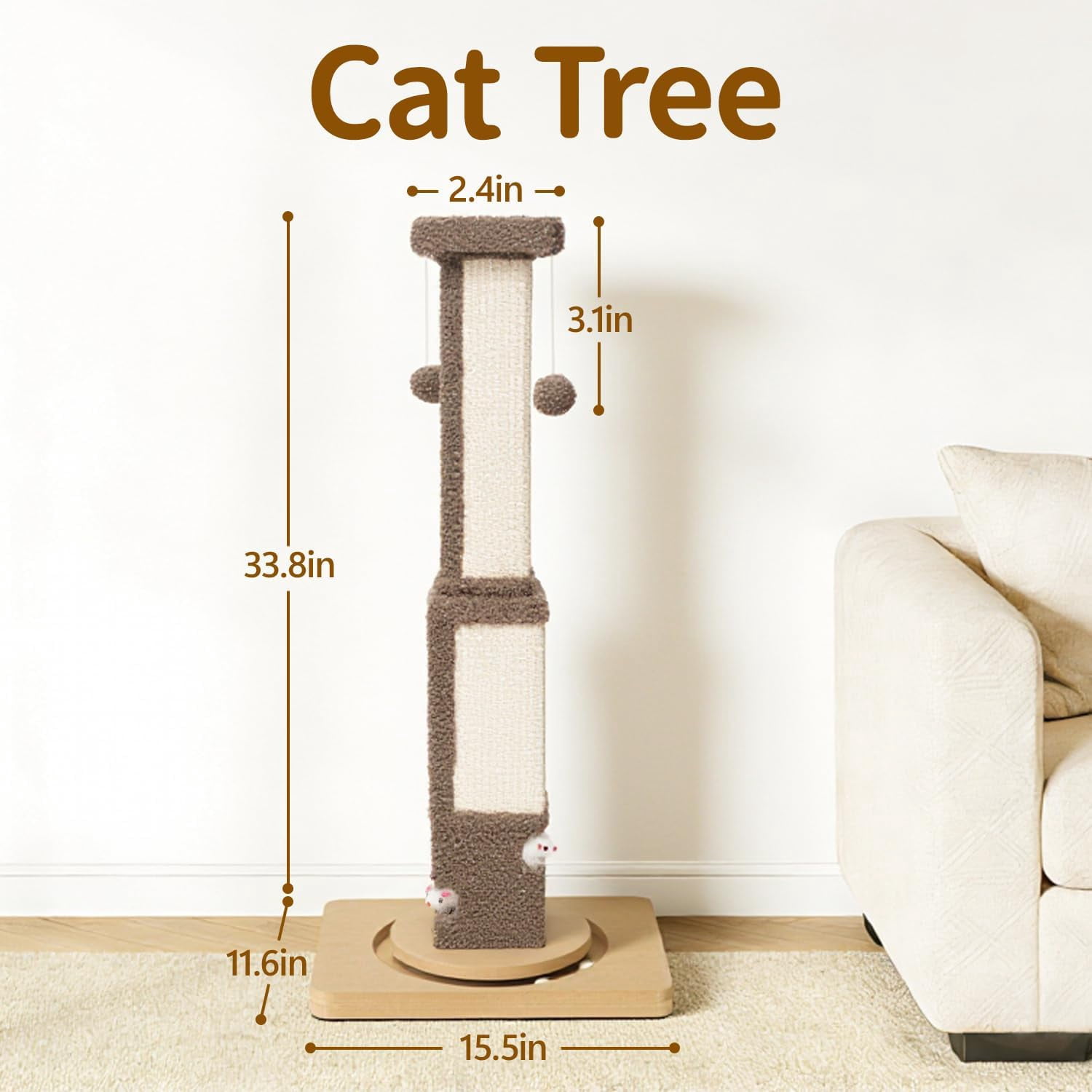 Tall  Scratching Post for Large Cats Kittens, 33 Indoor Sisal Vertical Pole Heavy Duty Square Structure with 4 Interactive Mouse Holes and Track Ball Base, Shields Furniture from Scratches