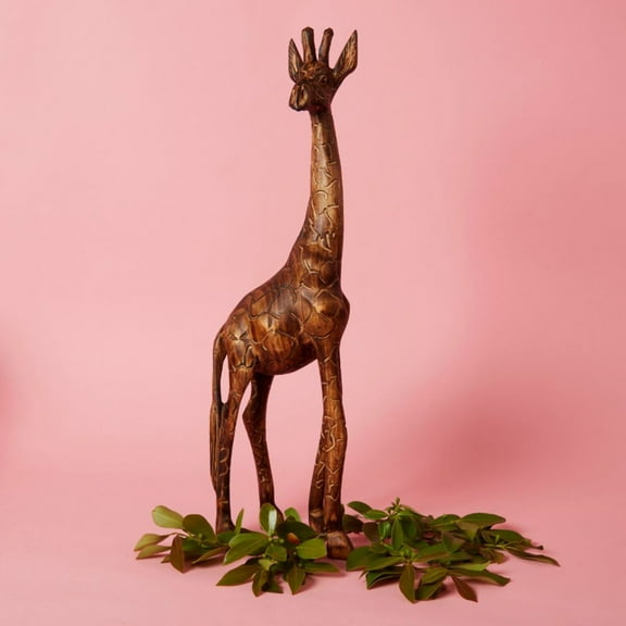 Tall Seared Wood Standing Giraffe Sculpture